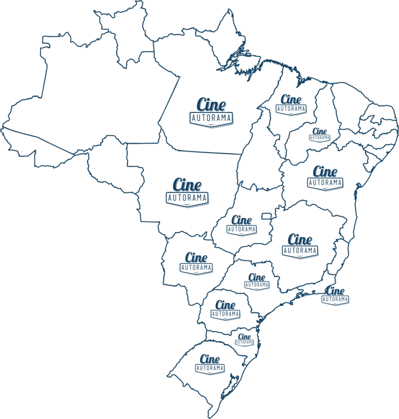 Mapa do Brasil com o selo do Cine Autorama nos estados por onde o projeto passou