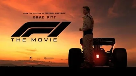 Brad Pitt ao lado de um carro de Fórmula 1 no pôr do sol, em F1: O Filme